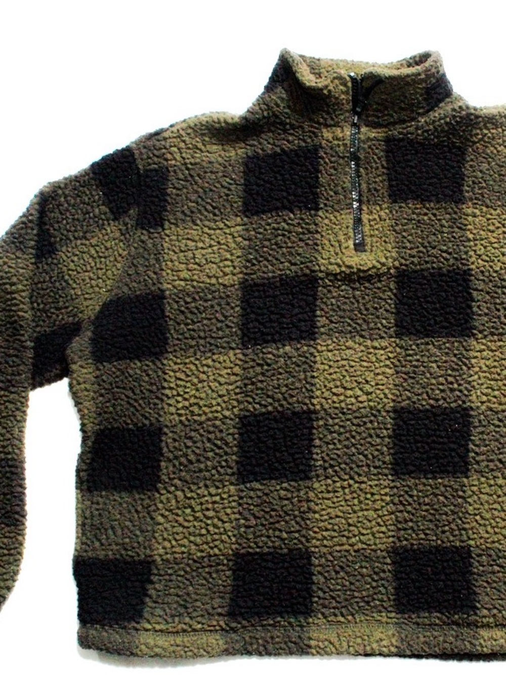 Old Navy Olive & Black Check Sherpa Half-Zip Pullover